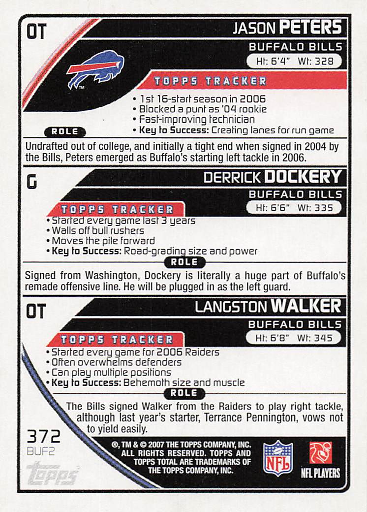 2007 Topps Total Football Langston Walker / Jason Peters / Derrick Dockery #372
