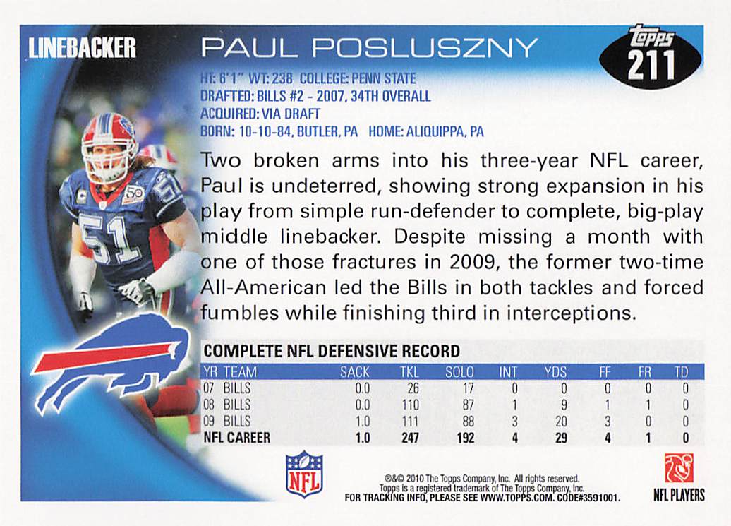2010 Topps Football Paul Posluszny #211