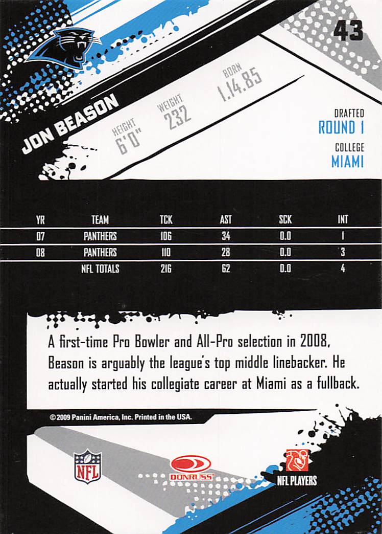 2009 Score Football Jon Beason #43