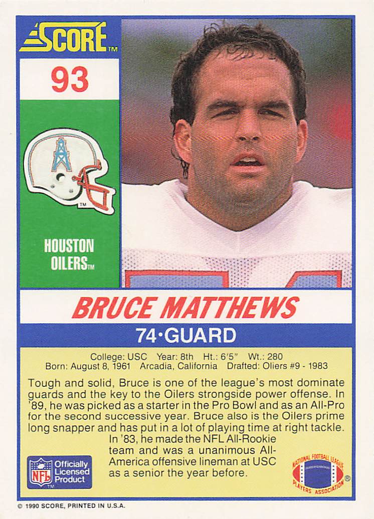 1990 Score Football Bruce Matthews #93