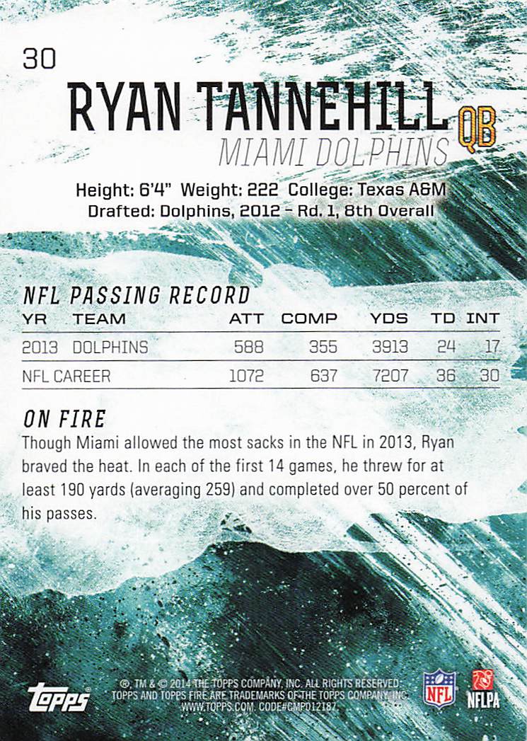 2014 Topps Fire Football Ryan Tannehill #30