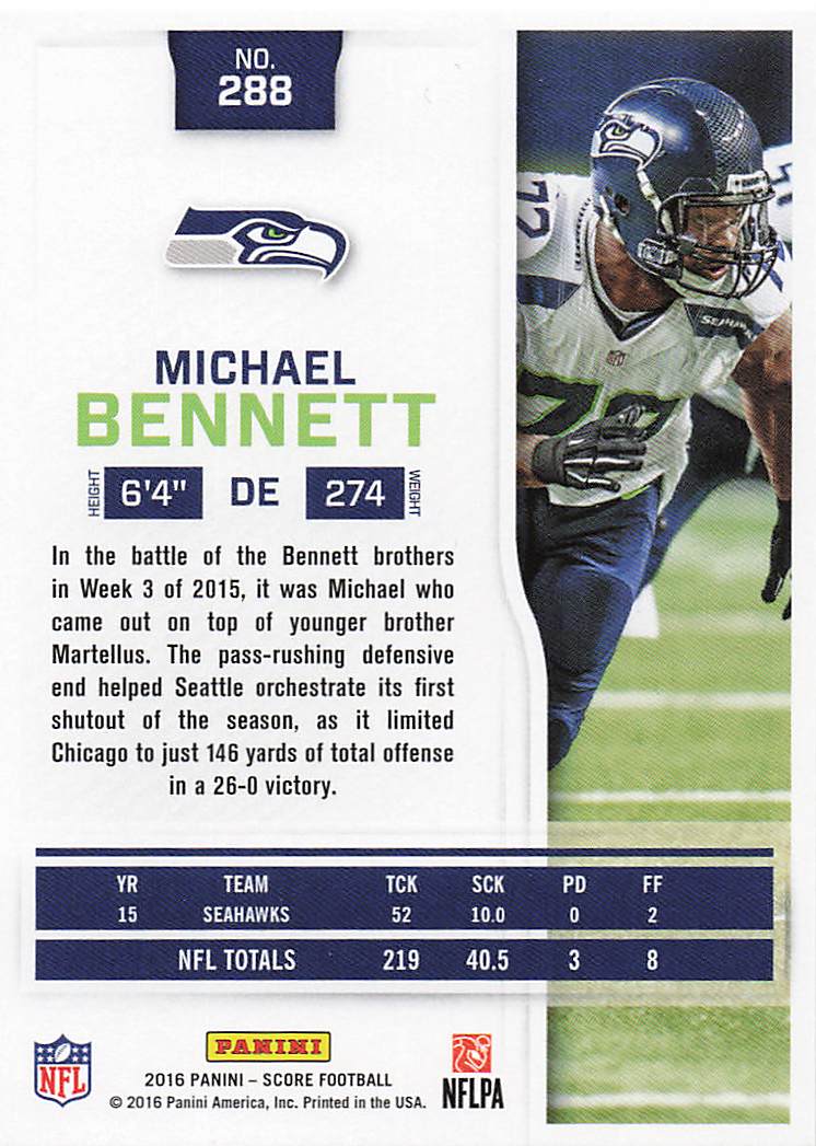 2016 Score Football Scorecard Michael Bennett #288 Rookie
