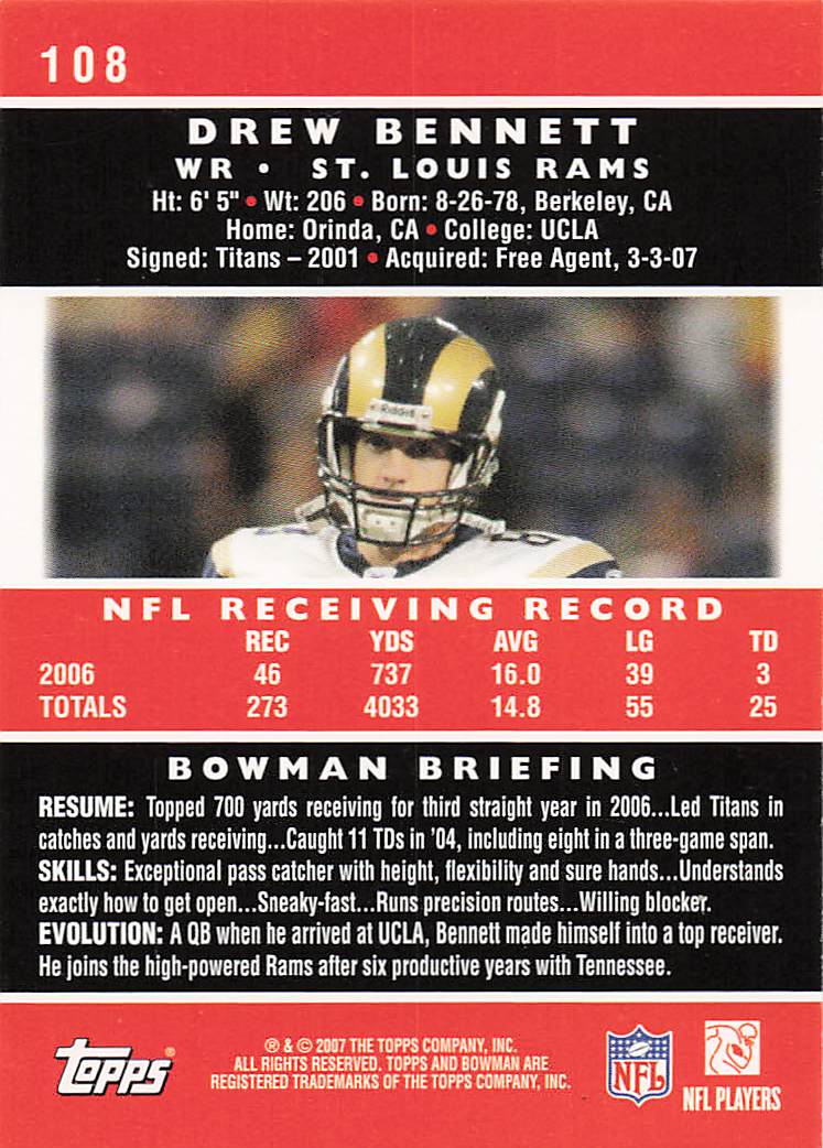 2007 Bowman Football Drew Bennett #108