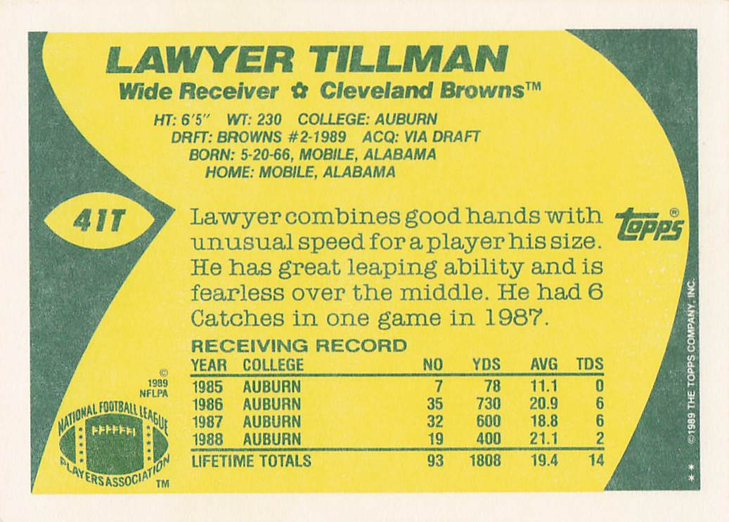 1989 Topps Traded Football Lawyer Tillman #41T