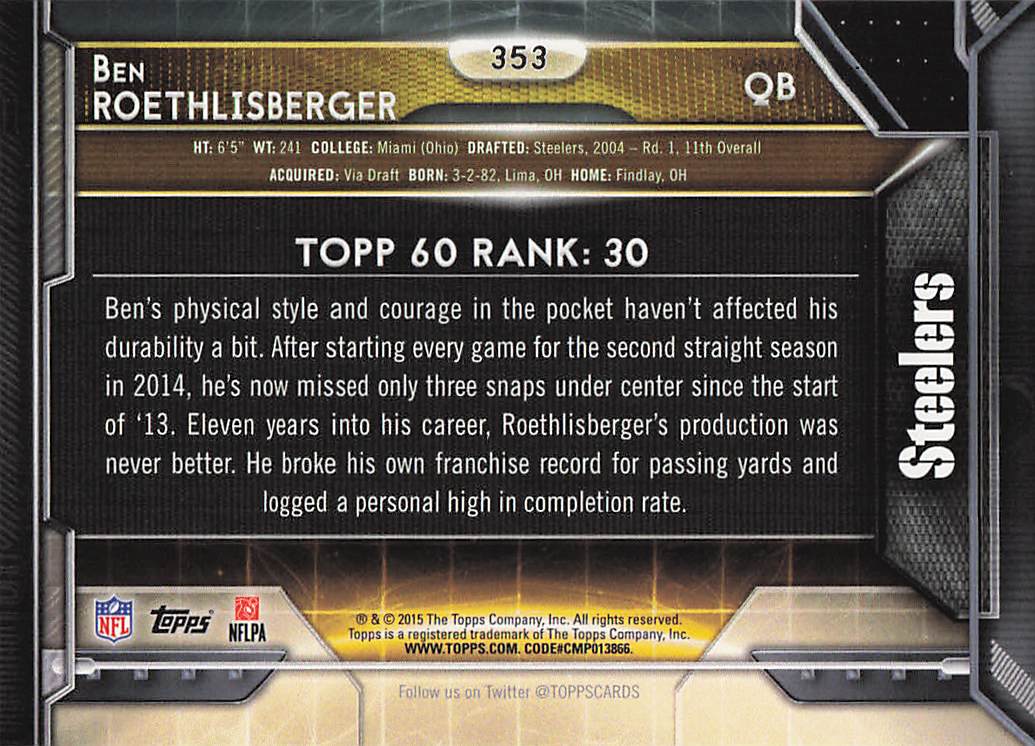 2015 Topps Football Ben Roethlisberger #353