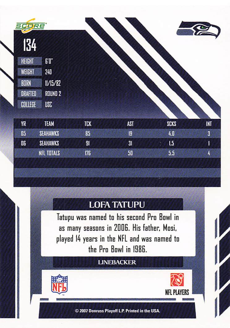 2007 Score Football Lofa Tatupu #134