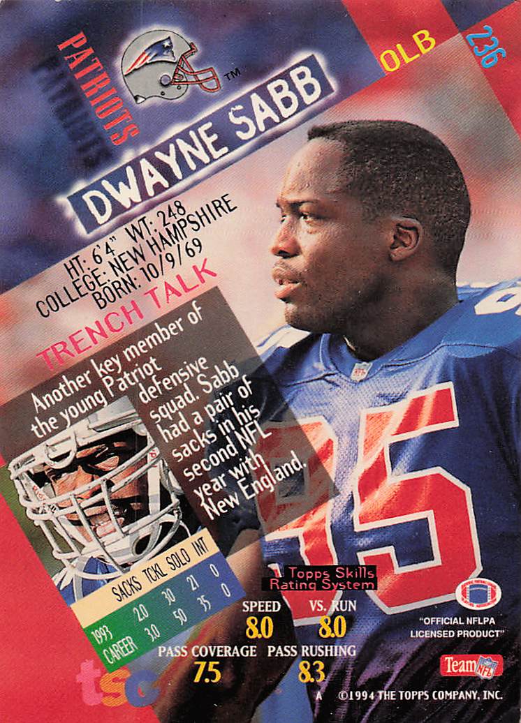 1994 Stadium Club Football Dwayne Sabb #236