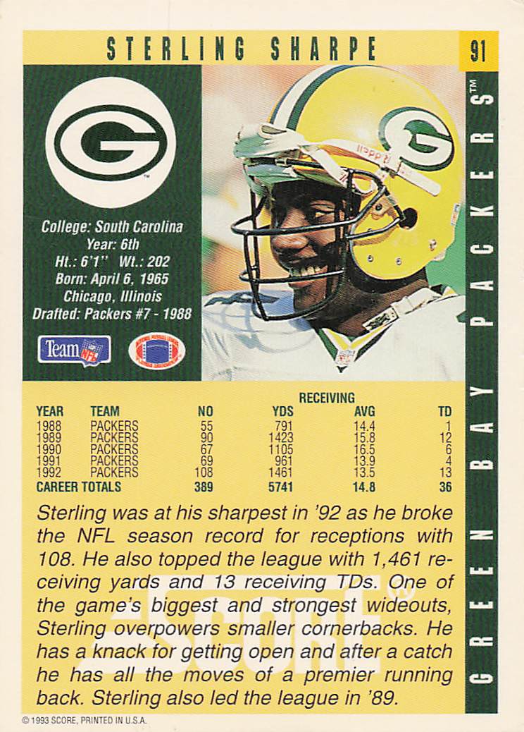 1993 Score Football Sterling Sharpe #91