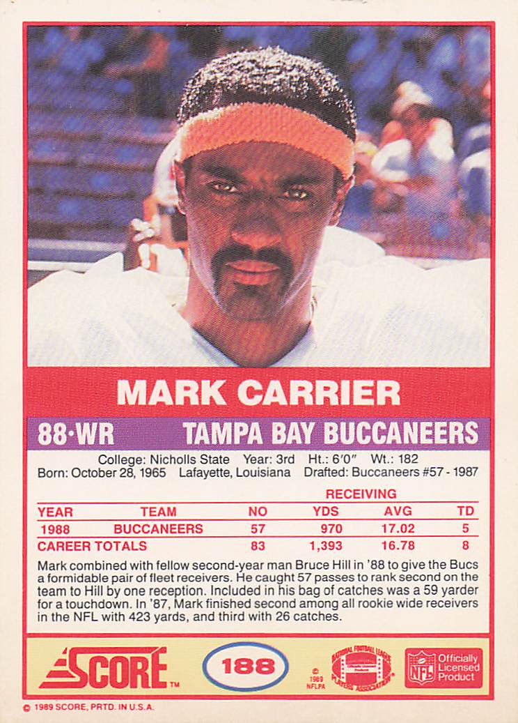 1989 Score Football Mark Carrier #188a Rookie