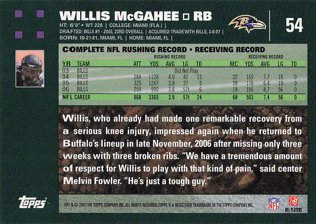 2007 Topps Football Willis McGahee #54