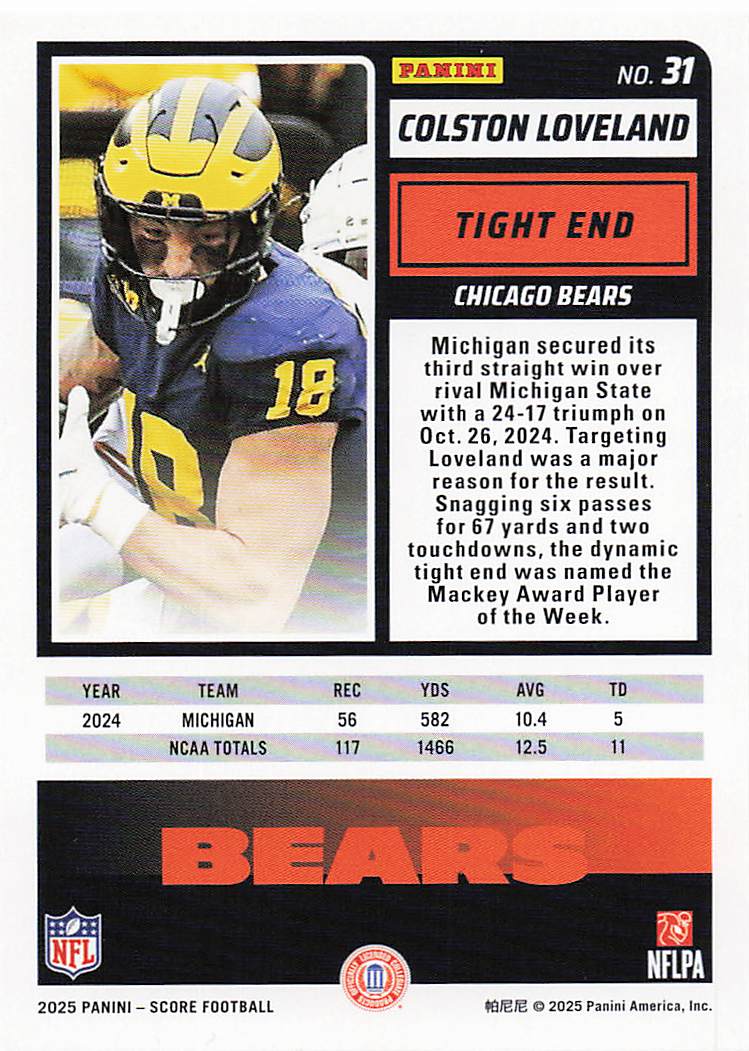 2025 Score-A-Treat Football Colston Loveland #31 Rookie