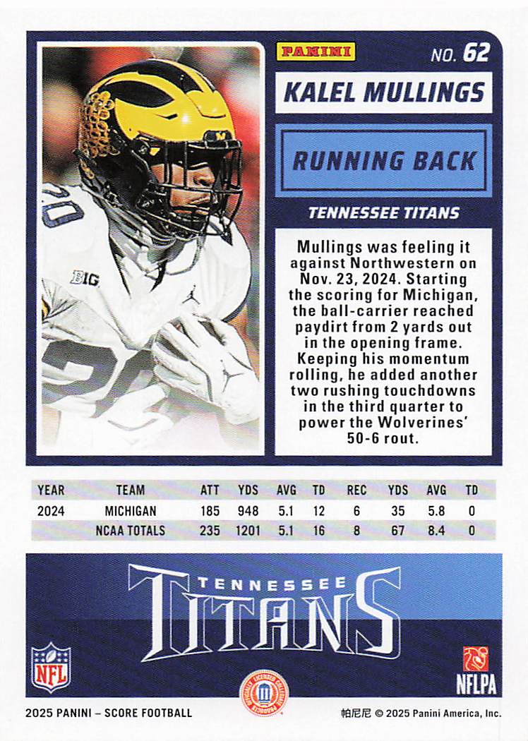 2025 Score-A-Treat Football Kalel Mullings #62 Rookie