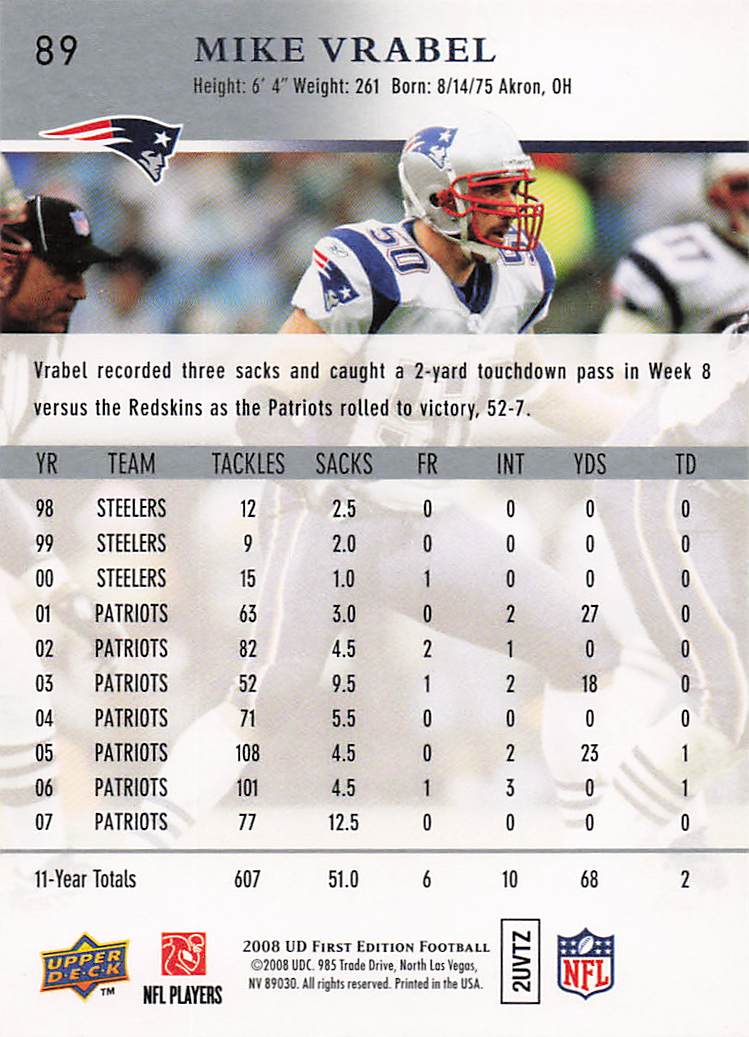 2008 Upper Deck Football Mike Vrabel #116