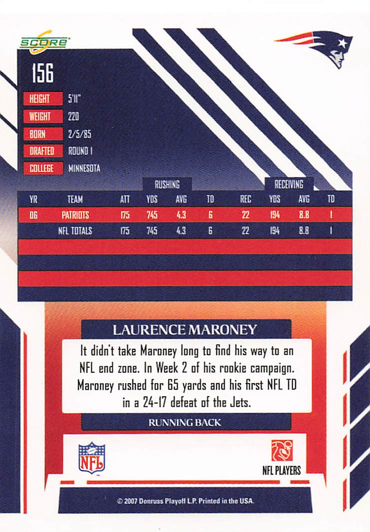 2007 Score Football Laurence Maroney #156