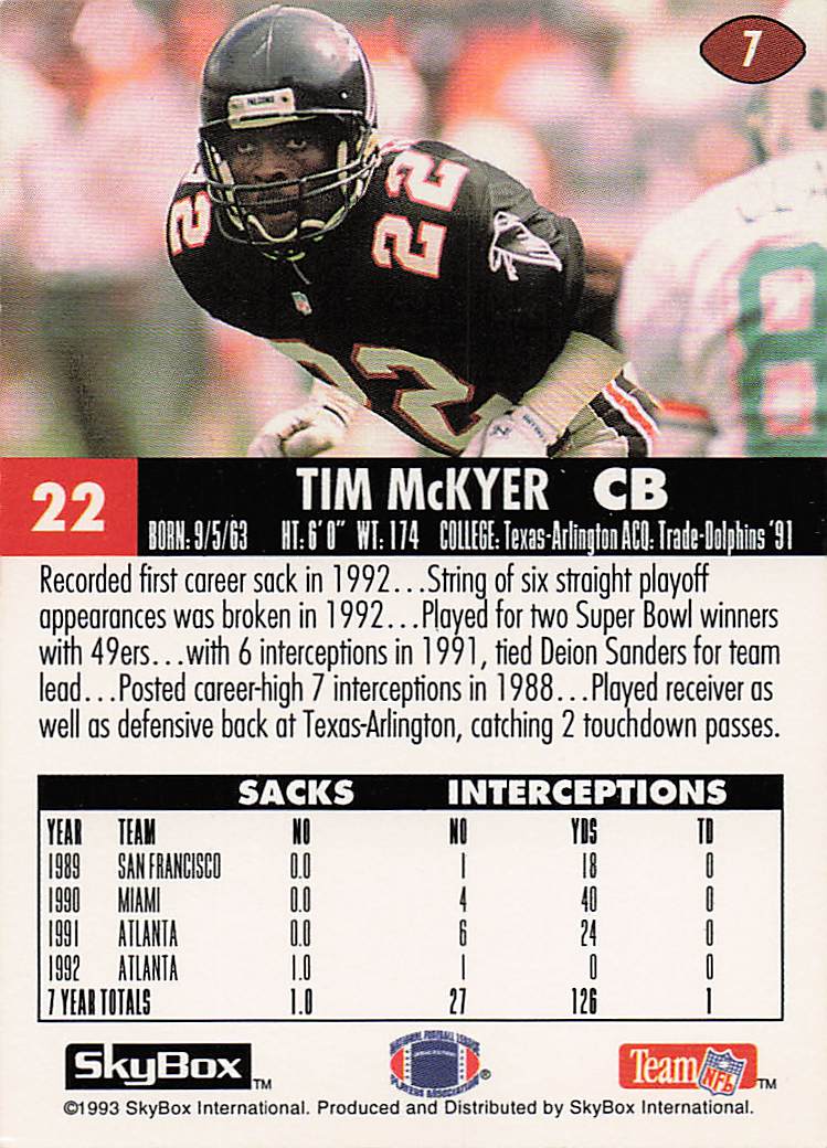 1993 SkyBox Impact Football Tim McKyer #7