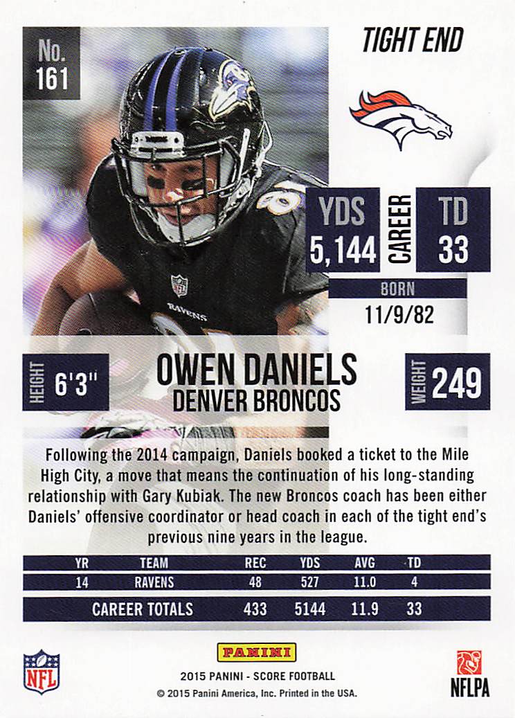 2015 Score Football Owen Daniels #161
