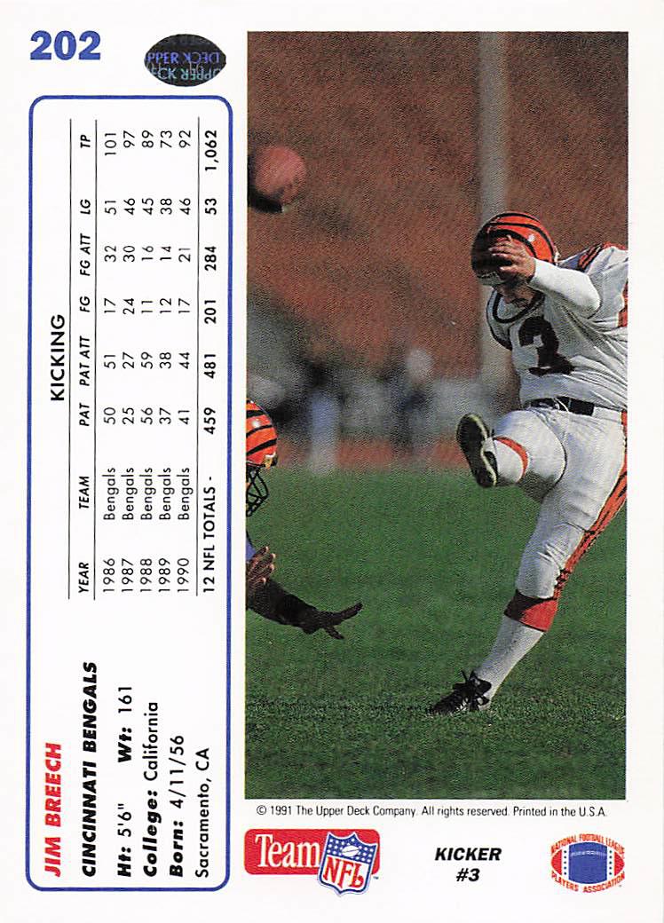 1991 Upper Deck Football Jim Breech #202b
