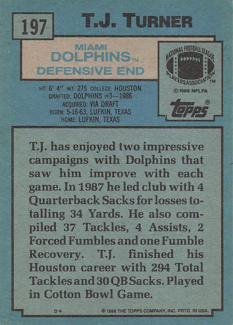 1988 Topps Football T.J. Turner #197 Rookie