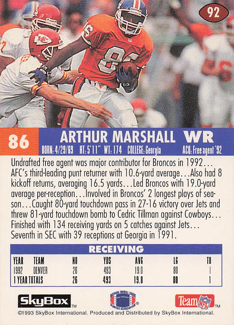 1993 SkyBox Impact Football Arthur Marshall #92 Rookie