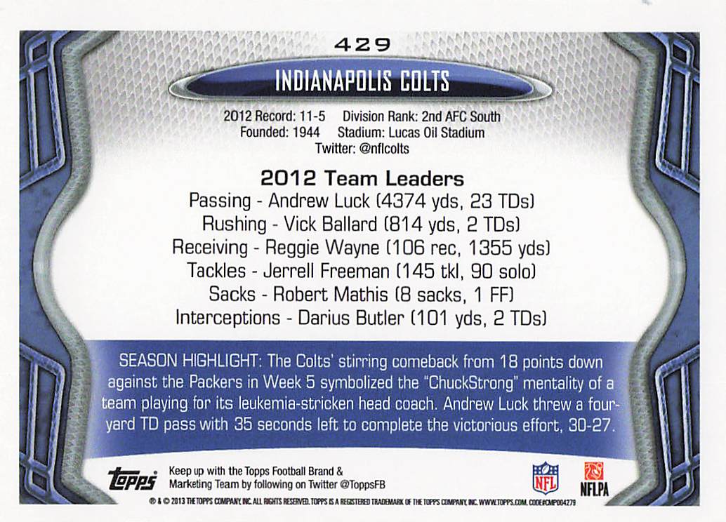 2013 Topps Football Indianapolis Colts #429