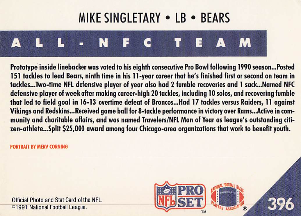 1991 Pro Set Football Mike Singletary #396