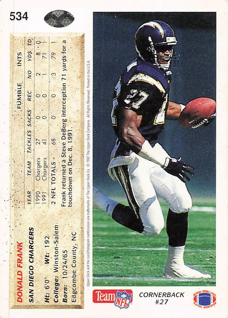 1992 Upper Deck Football Donald Frank #534 Rookie