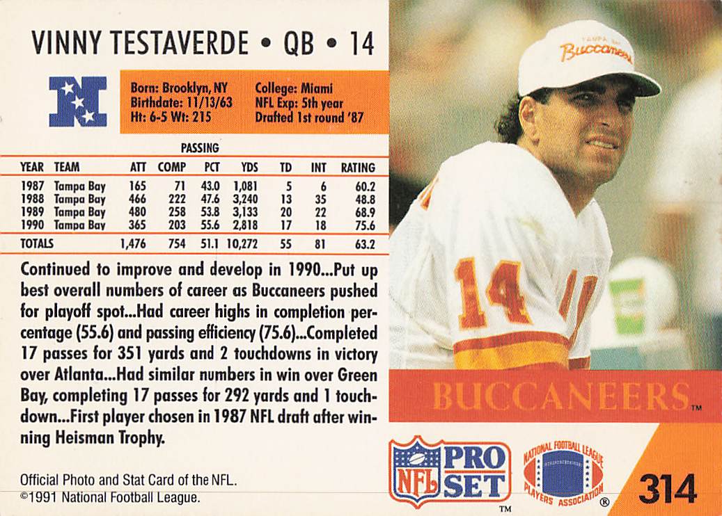1991 Pro Set Football Vinny Testaverde #314