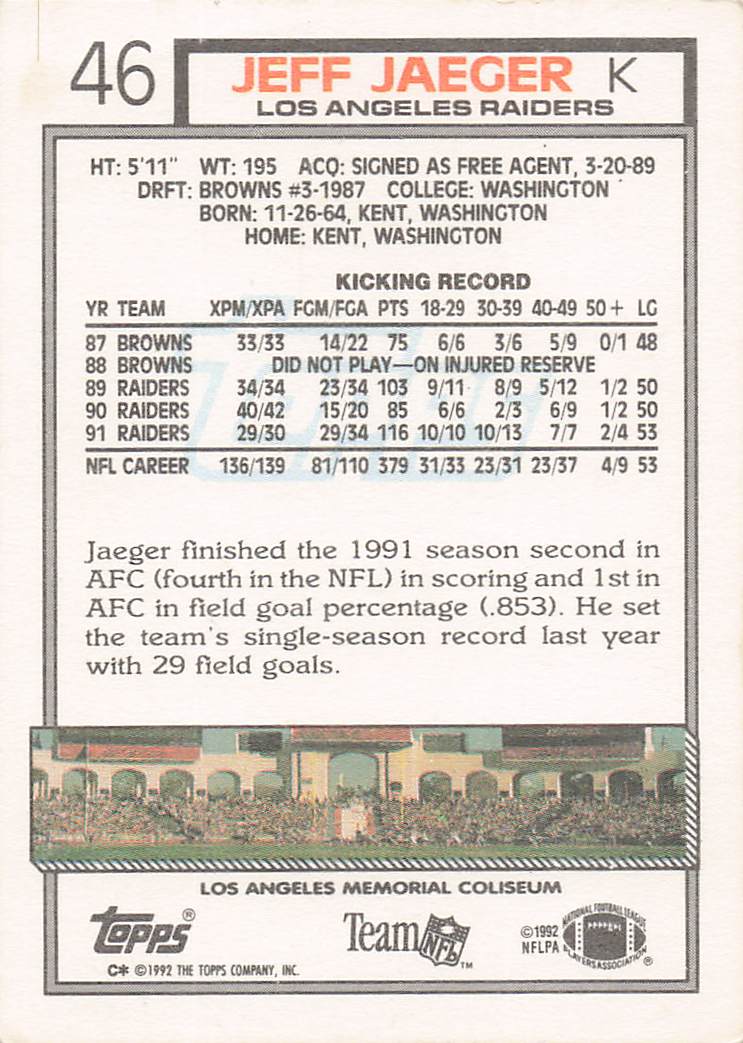 1992 Topps Football Jeff Jaeger #46