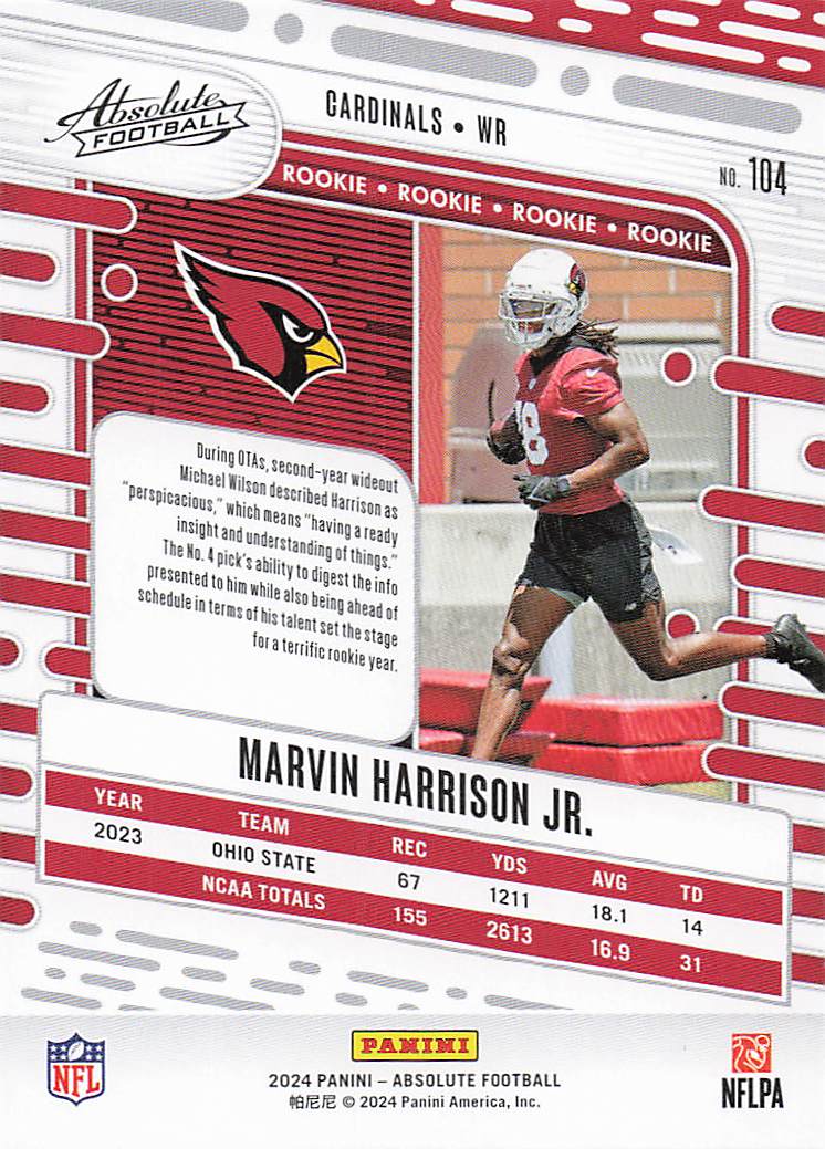 2024 Panini Absolute Football Retail Marvin Harrison Jr. #104 Rookie