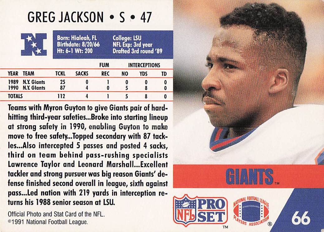 1991 Pro Set Football Greg Jackson #66 Rookie