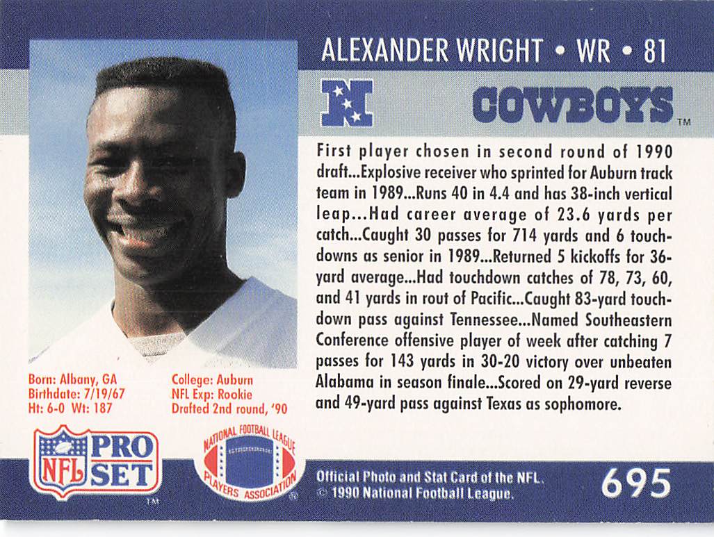 1990 Pro Set Football Alexander Wright #695 Rookie