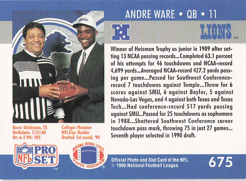 1990 Pro Set Football Andre Ware #675