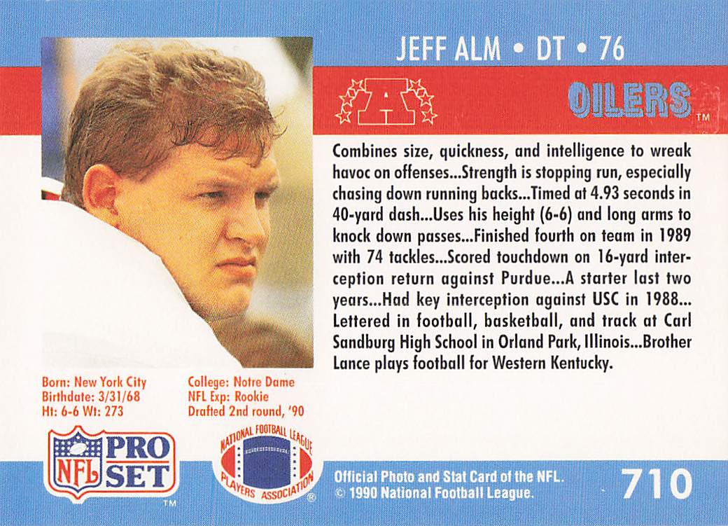 1990 Pro Set Football Jeff Alm #710 Rookie