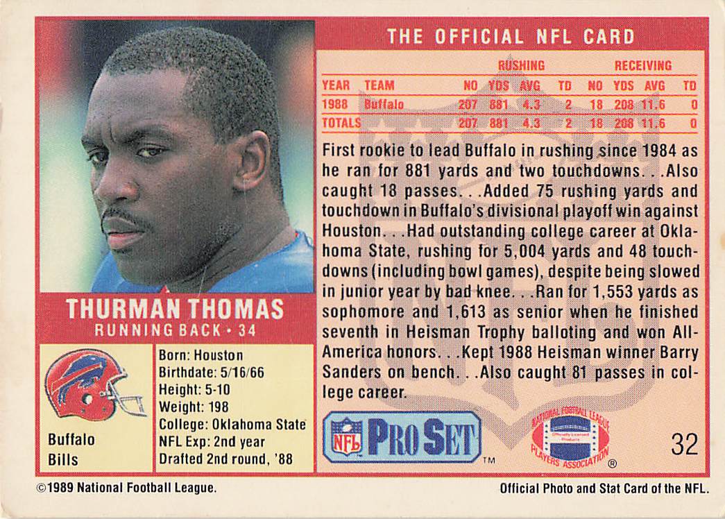 1989 Pro Set Football Thurman Thomas #32 Rookie