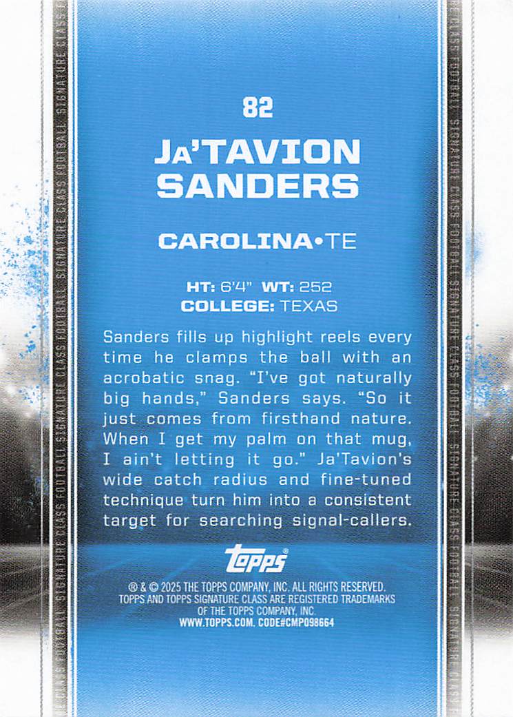 2024 Topps Signature Class Football Ja'Tavion Sanders #82 Rookie