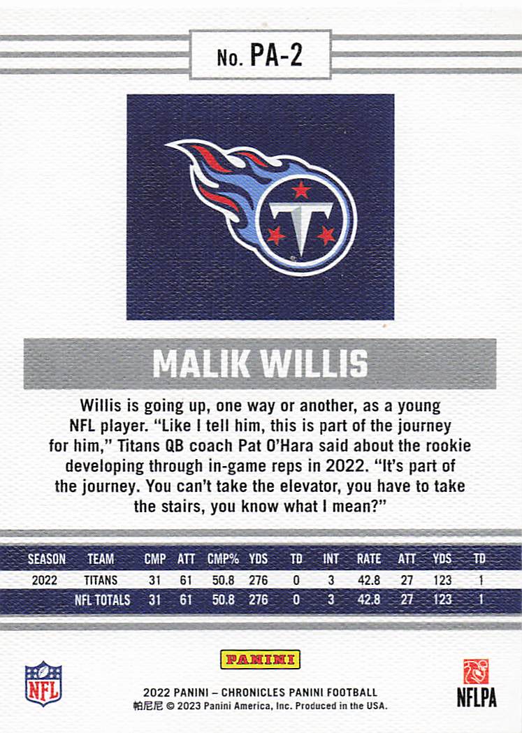 2022 Panini Chronicles Football Panini Malik Willis #PA-2