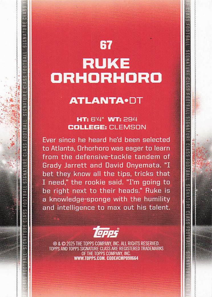 2024 Topps Signature Class Football Ruke Orhorhoro #67 Rookie