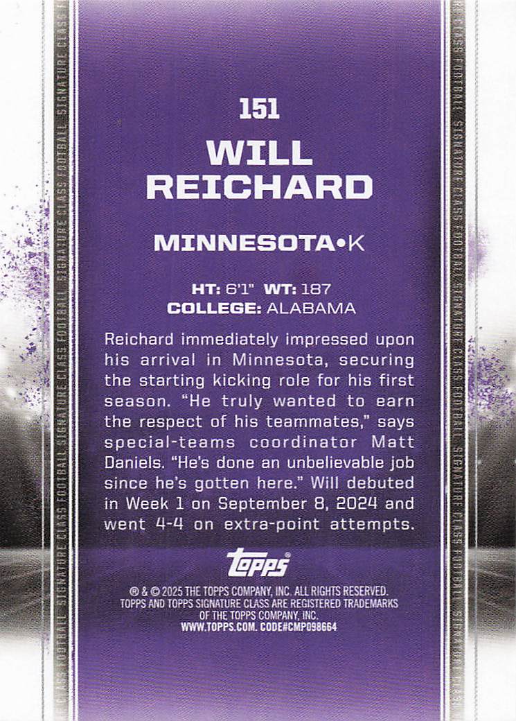 2024 Topps Signature Class Football Will Reichard #151 Rookie