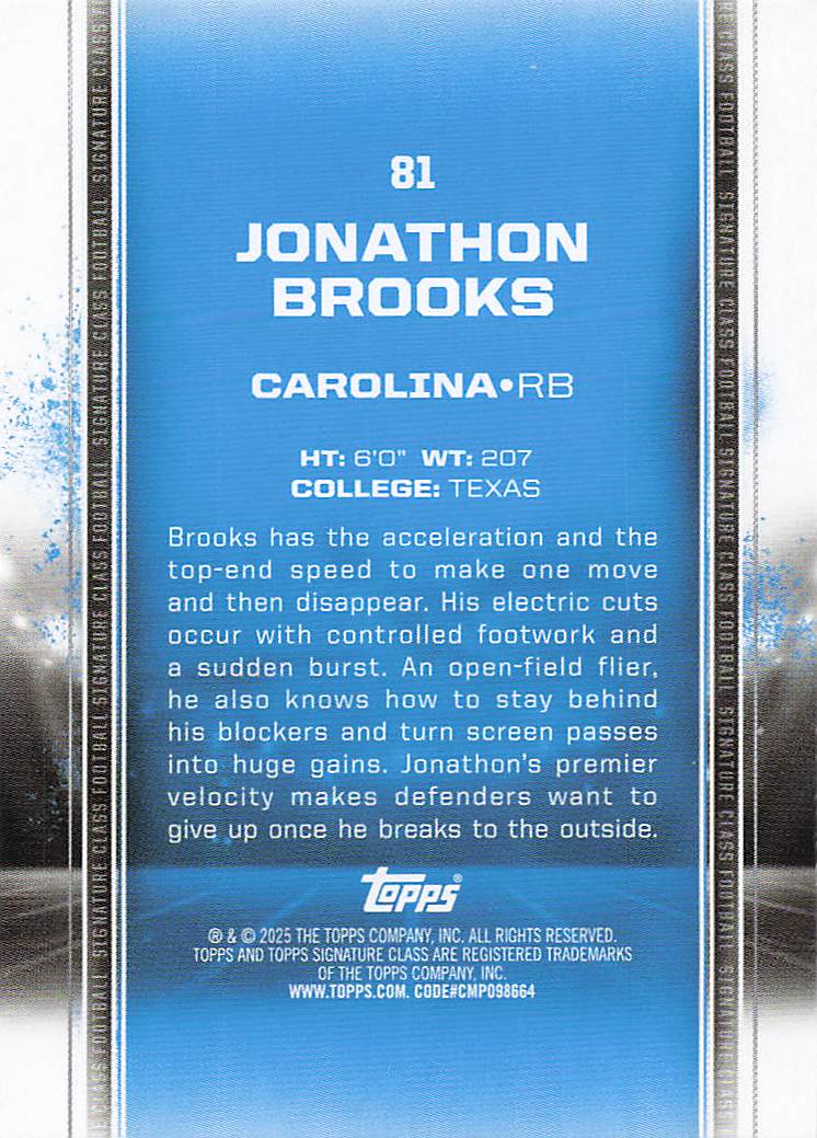 2024 Topps Signature Class Football Jonathon Brooks #81 Rookie
