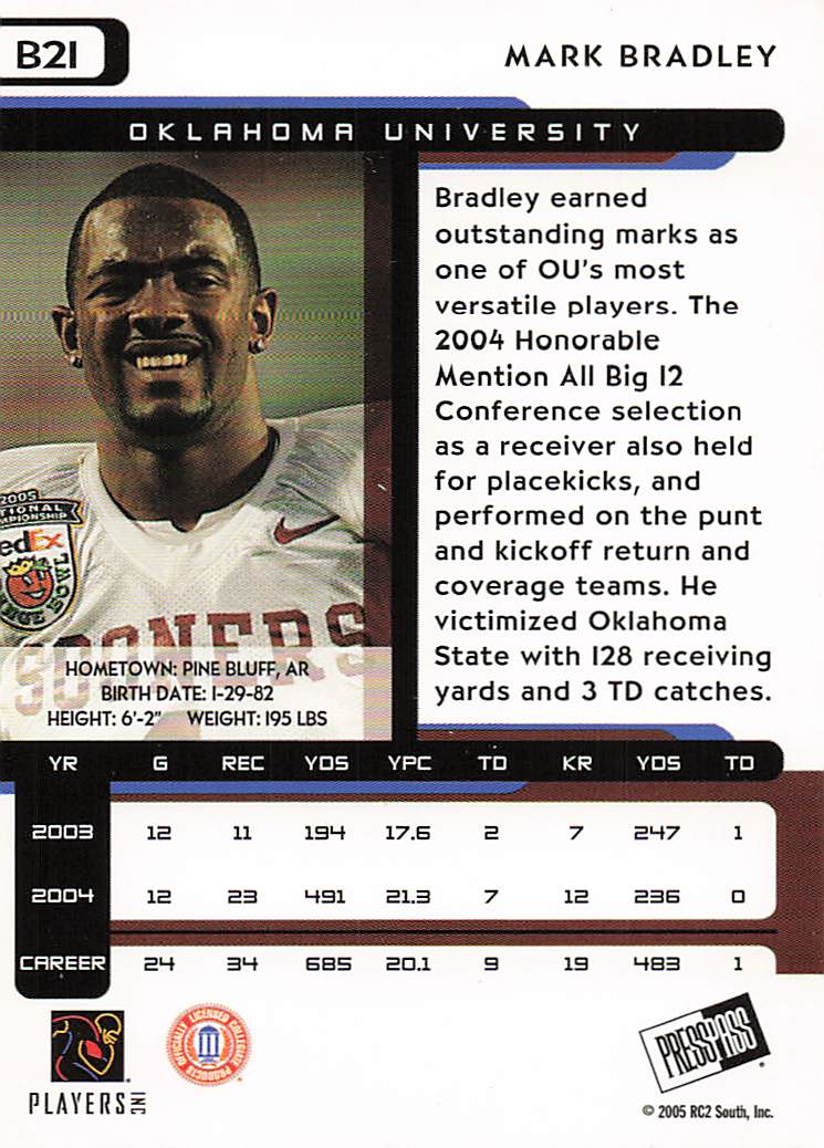 2005 Press Pass Football Blue Mark Bradley #B21