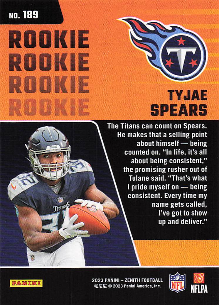 2023 Panini Zenith Football Red Zone Tyjae Spears #189 Rookie
