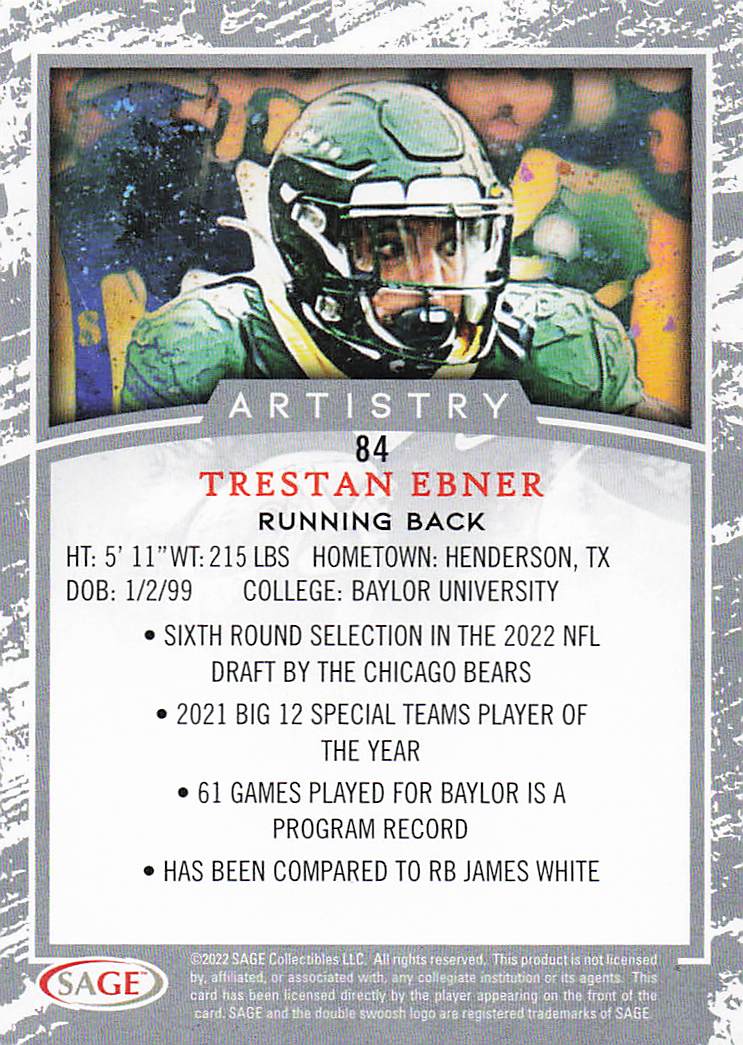 2022 SAGE Artistry Football Silver Trestan Ebner #84