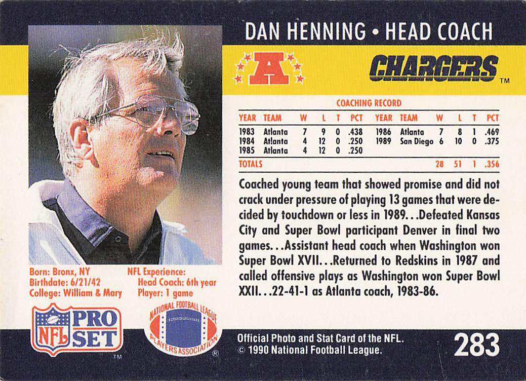 1990 Pro Set Football Dan Henning #283