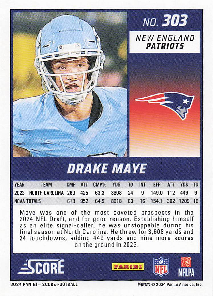 2024 Score Football Drake Maye #303 Rookie