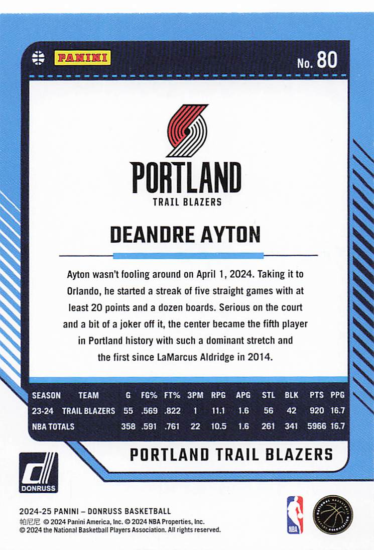 2024-25 Donruss Basketball Holo Green Laser Deandre Ayton #80