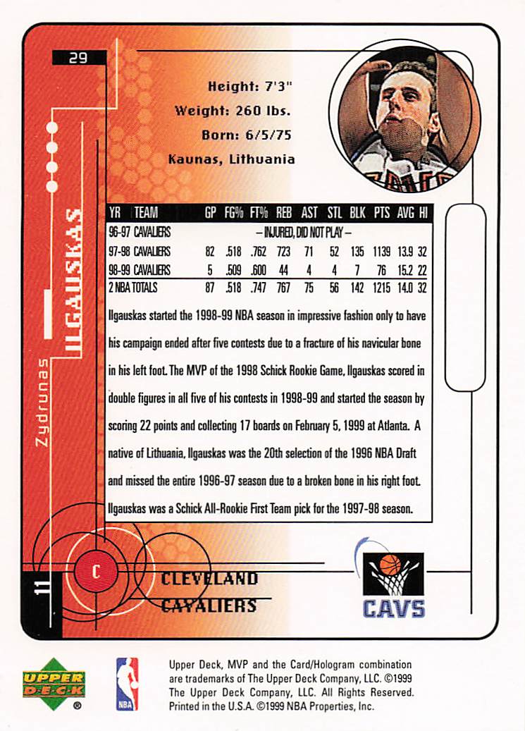 1999-00 Upper Deck MVP Basketball Zydrunas Ilgauskas #29