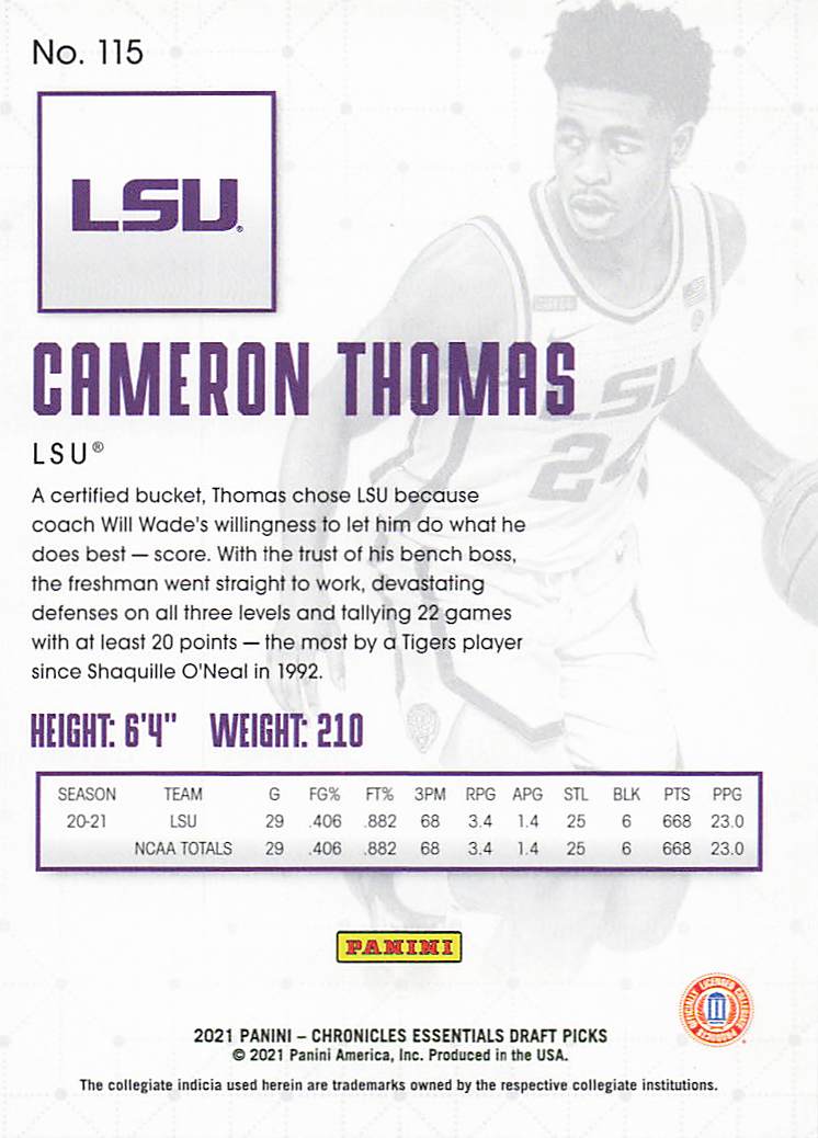 2021 Panini Chronicles Draft Picks Basketball Cameron Thomas #115