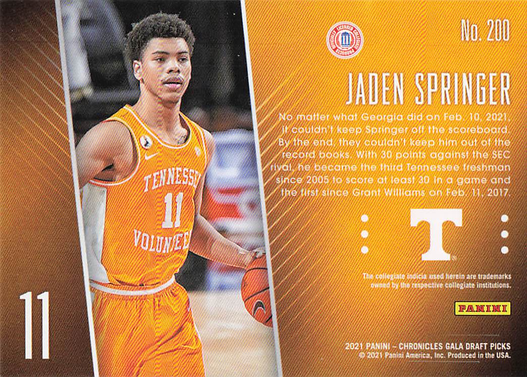 2021 Panini Chronicles Draft Picks Basketball Jaden Springer #200