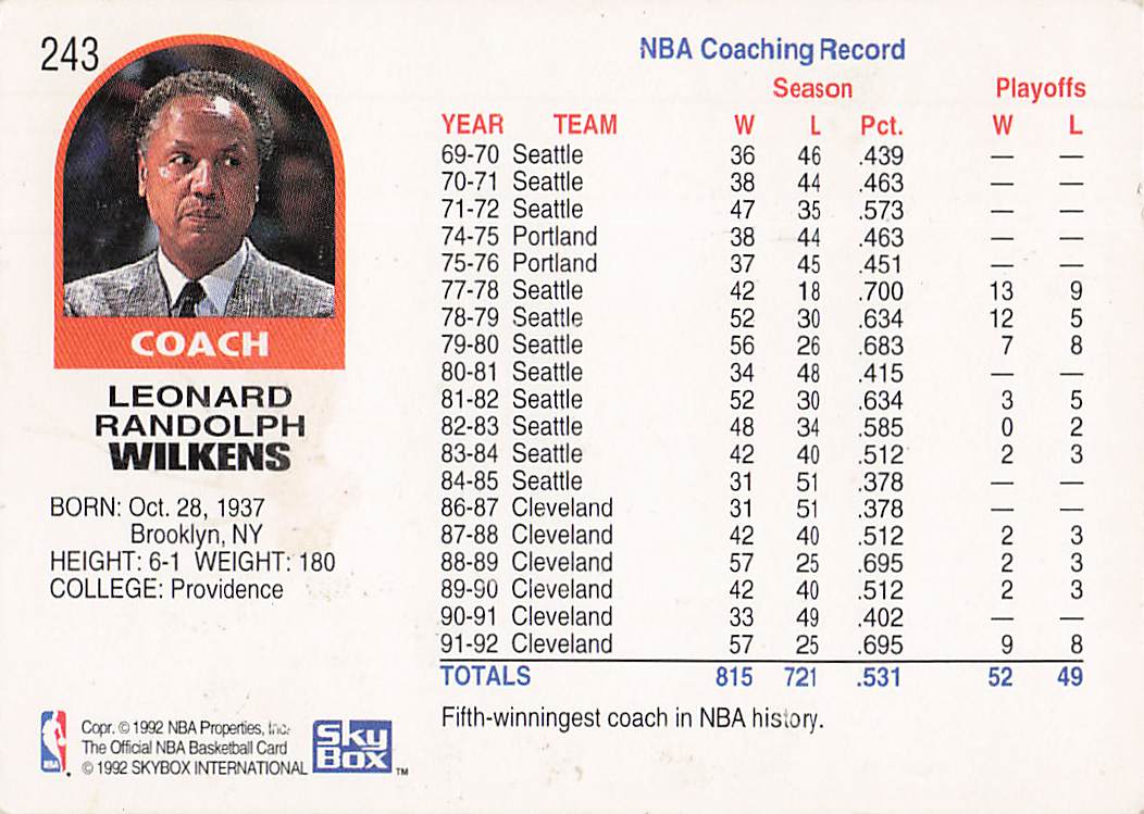 1992-93 Hoops Basketball Lenny Wilkens #243