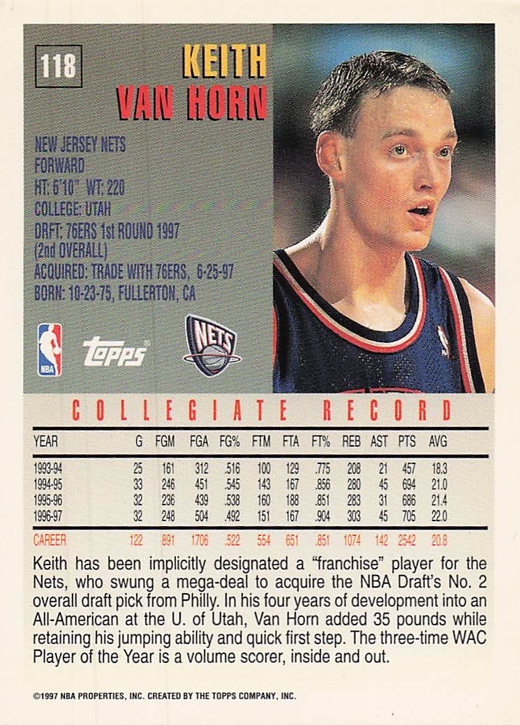 1997-98 Topps Basketball Keith Van Horn #118 Rookie